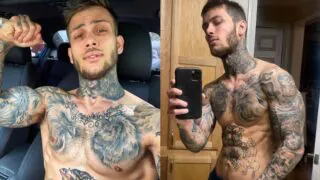 Homem tatuado Michael Hoffman nu batendo punheta
